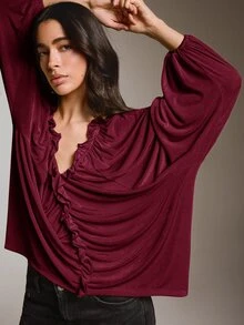 COSMINA Women's V-Neck Ruffle Trim Pleated Design Loose Fit Top, Comfortable Fabric Fashionable Design Top - Burgundy - View 2
