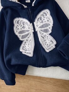 SHEIN 女童灰色與白色花朵蝴蝶結裝飾連帽衛衣外套，適合秋冬外出穿著 - 藍色 - 查看 5