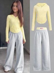 SHEIN 兒童青少年女孩 2 件套 針織條紋休閒運動連帽拉鍊長袖外套與拼色拼接 Logo 直筒寬腿針織長褲套裝，淡黃色與粉色，Y2K 風格 - 彩色 - 查看 10