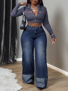 SHEIN PETITE CURVE Plus Size Women's Casual Everyday Denim Jeans With Pockets And Buttons - Blue - View 3