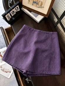 SHEIN Franclia 時尚休閒通勤百搭丹寧感印花紋理軟面料高腰開衩女款短褲/裙/寬腿褲/熱褲 - 紫色 - 查看 2