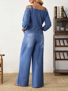 EMERY ROSE Jumpsuit Denim Boho Longgar dengan Tali Bahu yang Dapat Diatur, Cocok untuk Perjalanan Sehari-hari, Jalan-jalan, Pesta, dan Acara Lainnya - Biru - View 9