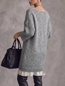 Trelyra Slouchy V-Neck Drop Shoulder Mid-Sleeve Knit Dress, Loose Fit Slimming Grey Atmosphere Knit & Contrast Lace Mini Dress - Grey - View 2
