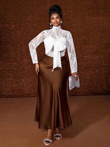 Maweii Sexy Style Hollow Lace Long Sleeve Satin Big Bow Strapless Layered Top T-Shirt - White - View 4