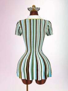 Amplova Colorblock Striped Polo Collar Cinched Waist A-Line Knit Mini Dress - Multicolor - View 2