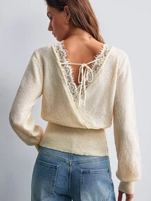 Willow Rêve Women's Blue V-Neck Patchwork Embroidered Trim Loose Sweater - Apricot - View 2