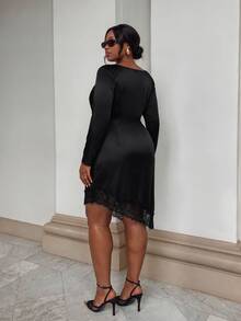 Firerie Plus Size Women Solid Color Contrast Lace Long Sleeve Elegant Dress - Black - View 2