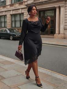 Firerie Plus Size Women Solid Color Contrast Lace Long Sleeve Elegant Dress - Black - View 8