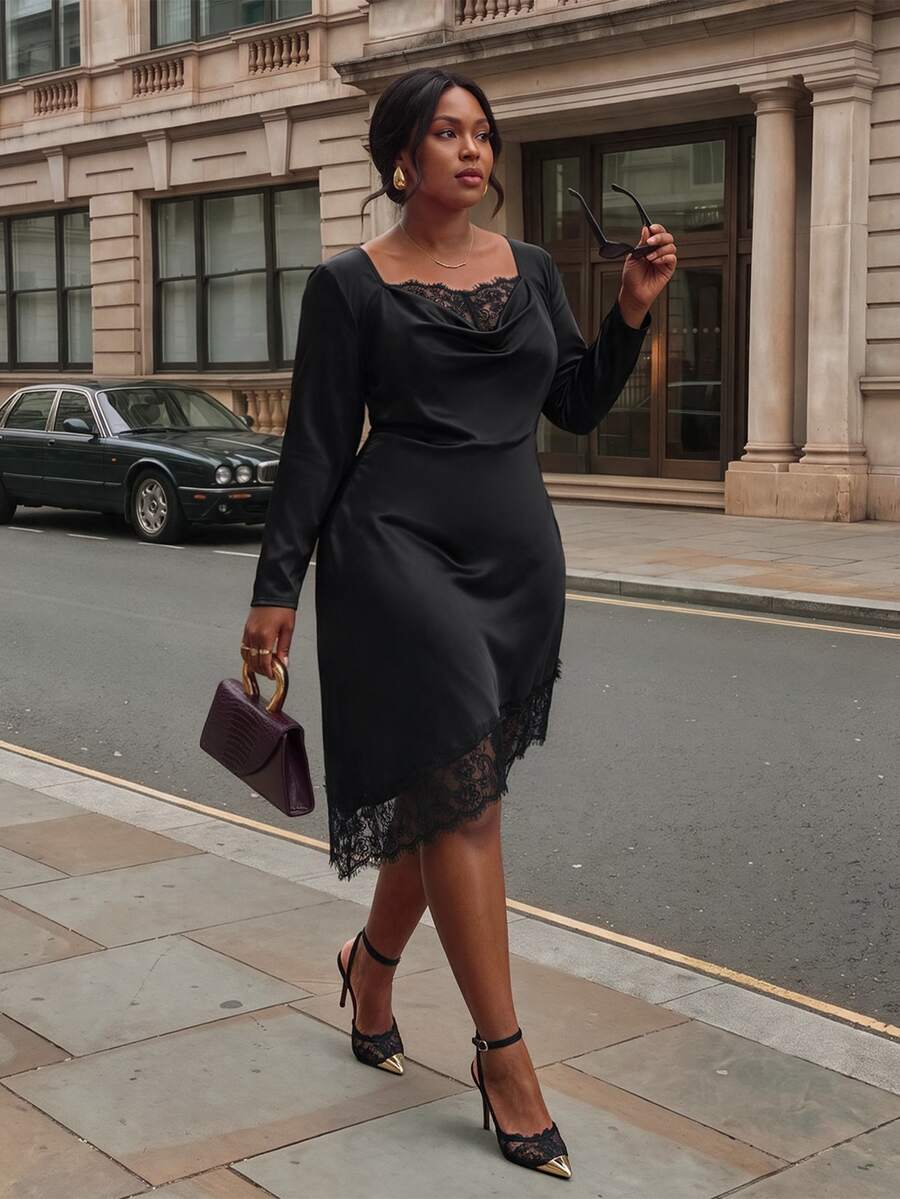 Firerie Plus Size Women Solid Color Contrast Lace Long Sleeve Elegant Dress - Black - View 1