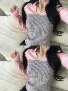 DAZY Women's Colorblock Fitted Long Sleeve Collared Cable Knit Casual Vacation Korean Style Versatile Everyday Autumn/Winter Sweater - Grey - View 2