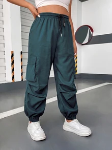 POPSWAY Plus Size Women's Drawstring Waist Ruched Cuffed Casual Cargo Pants - Teal Blue - View 7