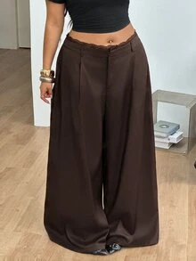 Coolane 女款大尺碼秋冬正式優雅通勤晚宴日常休閒寬鬆蕾絲百褶鬆緊腰棕色香蕉褲 - 棕色 - 查看 8