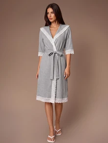 Lazeform Women's Gray Casual Loose Hooded Waffle Knit Lace Trim Short Robe - رمادي - مشاهدة 2