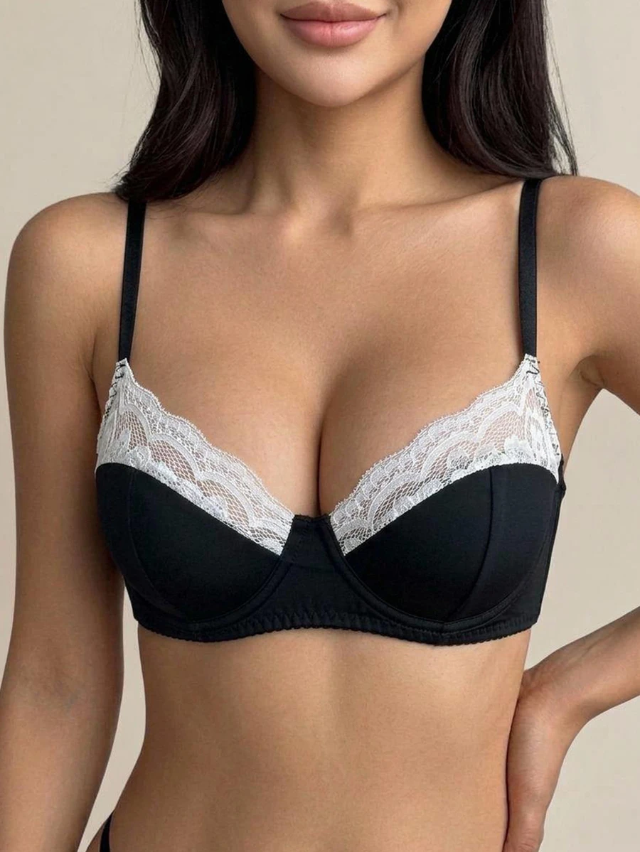 DAZY White Lace Push-Up Cotton Cup Sexy Lace Patchwork Women's Bra - Black - View 1