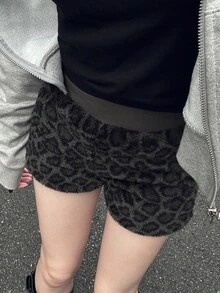 FRIFUL Women's Leopard Print Faux Fur Fashion Sexy Versatile Shorts Lounge Dark Grey Autumn - Brown - View 3