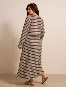 Elaquor Plus Size Minimalist Striped Colorblock Long Sleeve Top And Drawstring Waist Long Skirt 2 Pieces Set - Multicolor - View 2