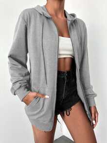 EURMUSE Plus Size 100%Cotton Solid Zip Up Drawstring Hoodie - Light Grey - View 3