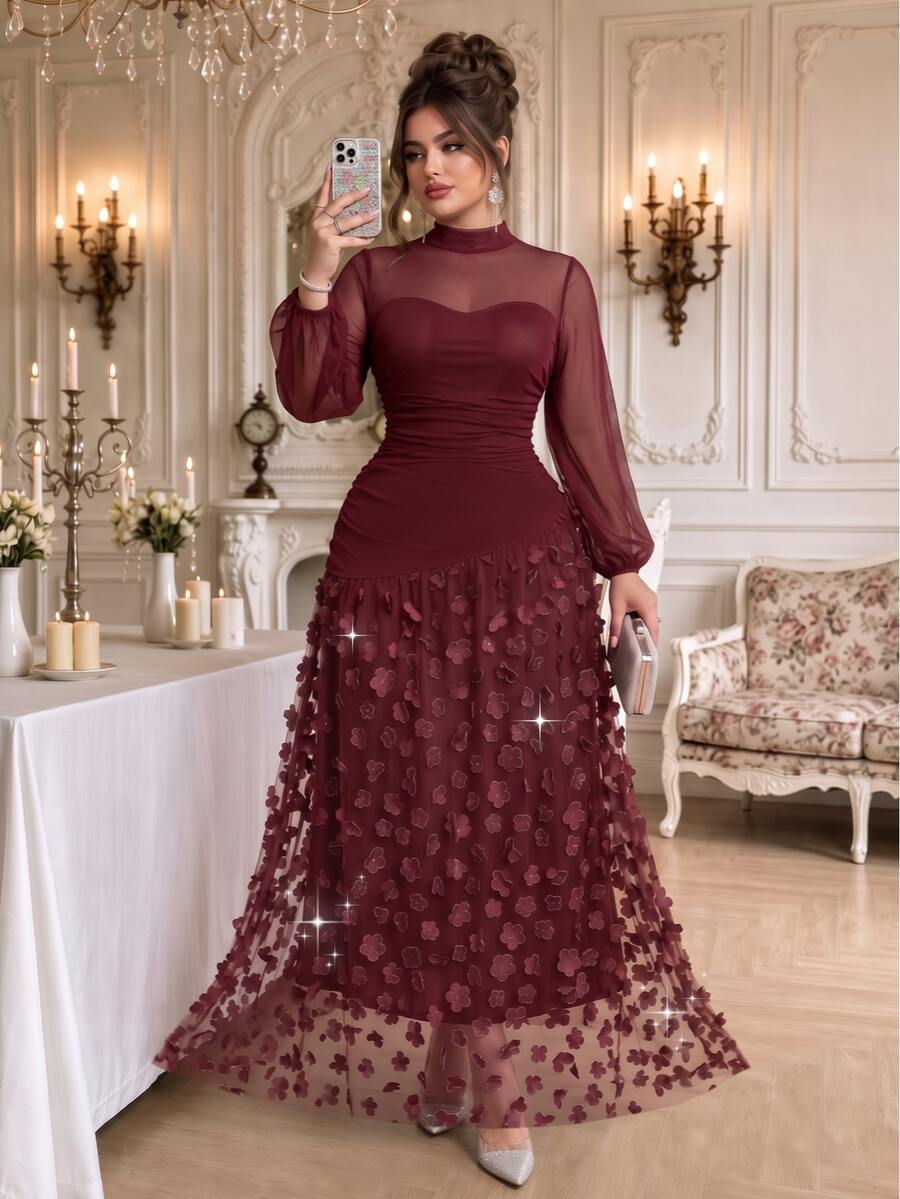 Roveilla Plus Size 2027 New Party Style New Year Christmas Valentine's Day 3D Floral Long Dress - Burgundy - View 1