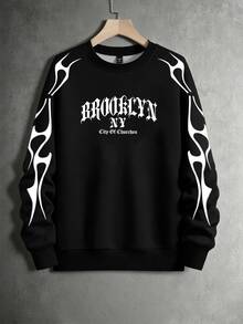 NEOREFINED 美式哥德體 BROOKLYN 男士圓領運動衫，側邊火焰線條印花，高街品牌寬鬆版型長袖套頭衫 - 彩色 - 查看 3