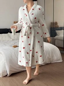 CottageSlumber Heart Print Plus Size Long Sleeve Plush Robe - White - View 3