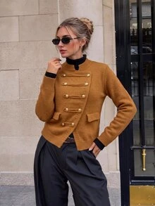 Omancia Autumn/Winter American Premium Vintage Design Asymmetrical Hem Button Napoleon Women's Cardigan Knit Jacket - Camel - View 3