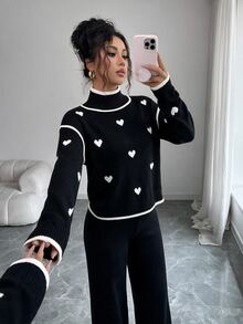 Elenzga Women's Elegant Knitted 2 Pieces Set, Khaki Old Money Style Casual Sweater Set - Black - View 8