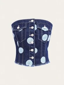 SHEIN MOD 女款圓點圖案單排扣時尚牛仔抹胸上衣 - 藍色 - 查看 1