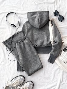 Tween Girl Dark Gray Zip-Up Hoodie & Sweatpants Casual Set - Grey - View 2
