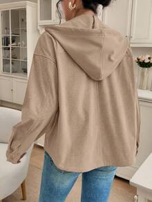 SHEIN Frenchy 女款秋季休閒街頭風落肩連帽 2 合 1 燈芯絨夾克，加熱保暖，通勤、極簡、辦公日常，鈕扣卡其色 - 卡其色 - 查看 2