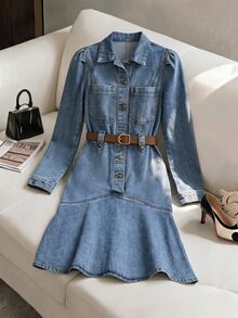 GlowEve Women's Fashion Button Long Sleeve Denim Dress - Blue - View 1