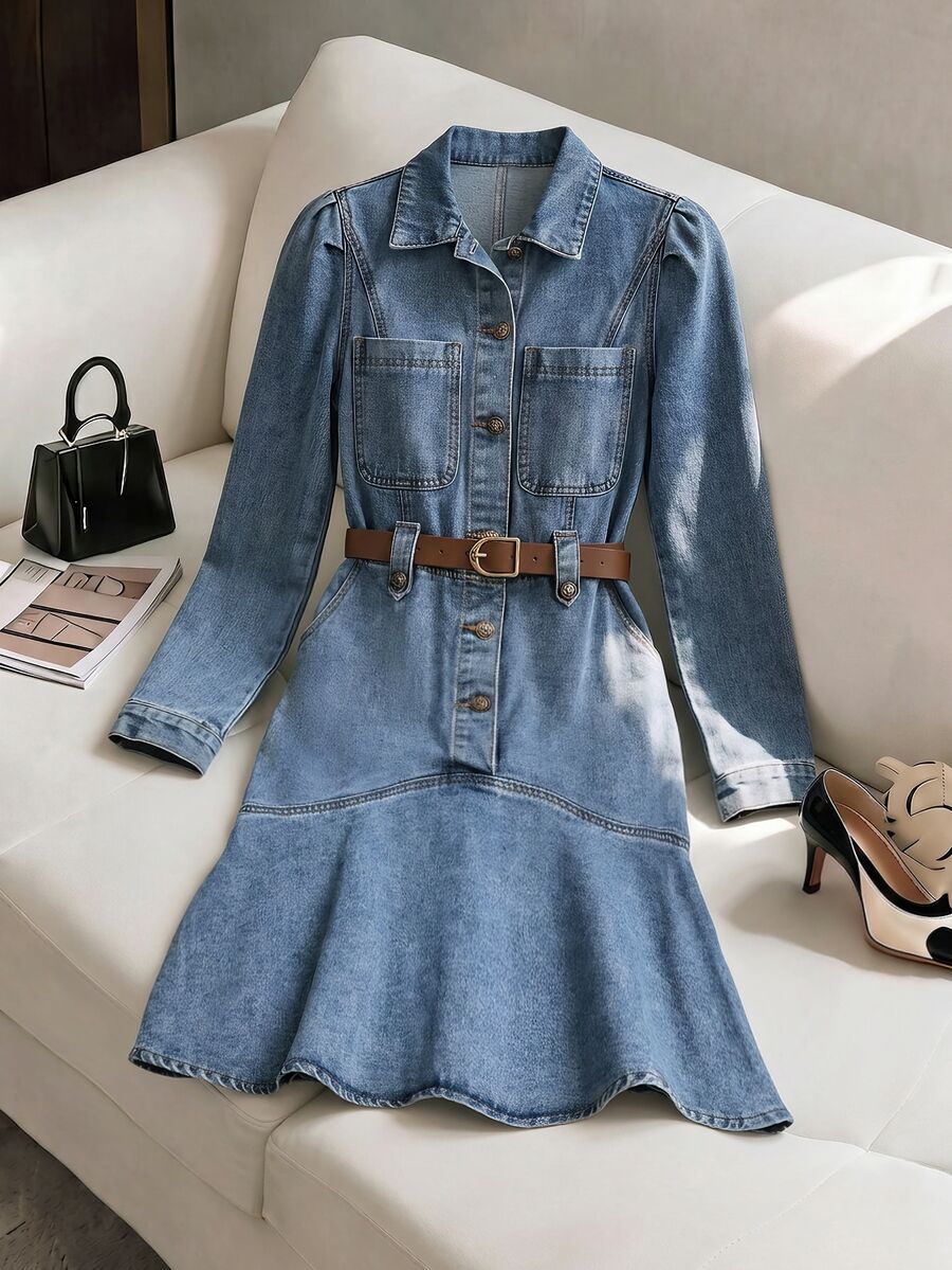GlowEve Women's Fashion Button Long Sleeve Denim Dress - Blue - View 1