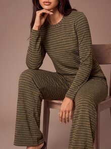 Lazeform Women's Casual Green Striped Crew Neck Long Sleeve Pajama Set, Knitted Elastic Textured Pleated Top + Wide Leg Pants, 2 Pieces Loungewear - Army Green - View 7