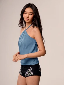 Willow Rêve Women's Purple Knitted Spaghetti Strap Strap Top, Casual Vacation Style - Blue - View 6