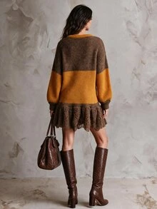 Solivie Women's Contrast Color V-Neck Dropped Shoulder Long Sleeve Tassel Hem Knit Dress Thanksgiving Everyday Date Brown And Yellow Fall Boho - Multicolor - View 2