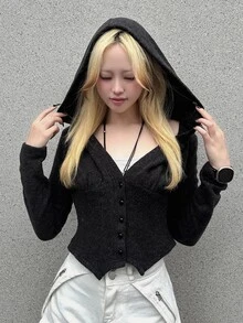 FRIFUL Women's Solid Color V-Neck Casual Daily Hooded T-Shirt - Grey - View 4