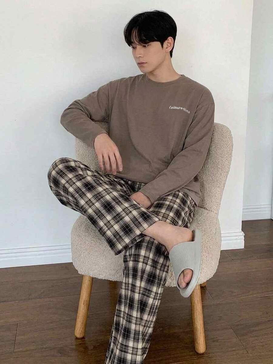 DAZY Spring/Autumn Letter Print T-Shirt & Plaid Pants Men's Loungewear Set - Brown - View 1