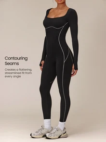 GLOWMODE 28" FeatherFit™ Keep Glowing Color-Blocked Contour Bodysuit With Cutout Back & Thumbholes Yoga Pilates Studio Daily Active Wear - Black - View 5