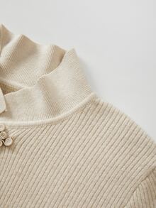 SHEIN 女款秋冬立領盤扣羅紋針織上衣長袖修身毛衣 - 杏色 - 查看 4