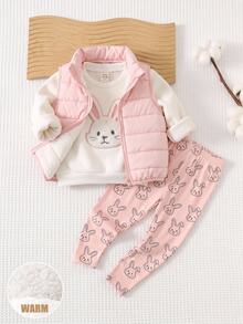 Cozy Pixies 3件組女嬰休閒舒適百搭可愛兔子刺繡圓領加厚抓絨棉背心外套附鬆緊腰長褲套裝，秋冬可愛滑雪、外出、日常、玩耍、假日穿搭 - 彩色 - 查看 3