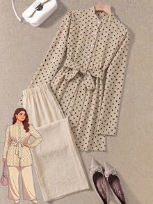 Rusticease Plus Size Button-Up Polka Dot Print Shirt And Textured Long Pants 2 Pieces Set - Multicolor - View 3