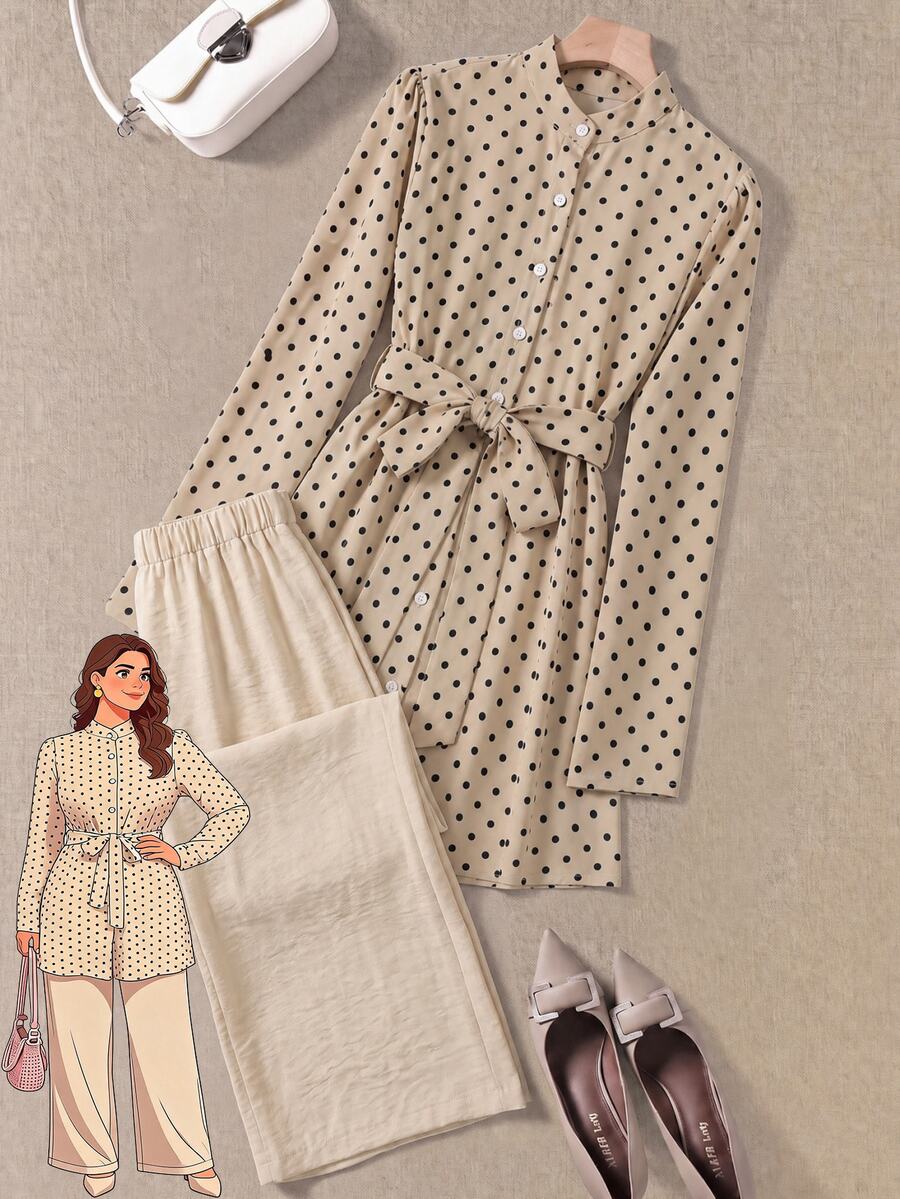 Rusticease Plus Size Button-Up Polka Dot Print Shirt And Textured Long Pants 2 Pieces Set - Multicolor - View 1
