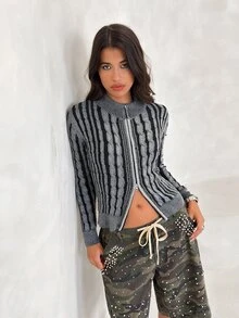 BAD SUNDAY Women's Long Sleeve Black & Grey Retro Cardigan Sweater, Y2K Millennium Style, Autumn/Winter - Grey - View 4