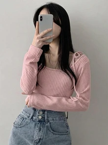 DAZY 女款繫帶式不對稱肩 2 合 1 T恤 - 紅色 - 查看 4