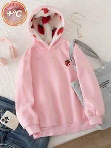 SHEIN (Tween Girl) 休閒街頭風豹紋毛絨帽，五角星豹紋印花，適合街頭穿搭，黑女孩運動衫 - 粉色 - 查看 1