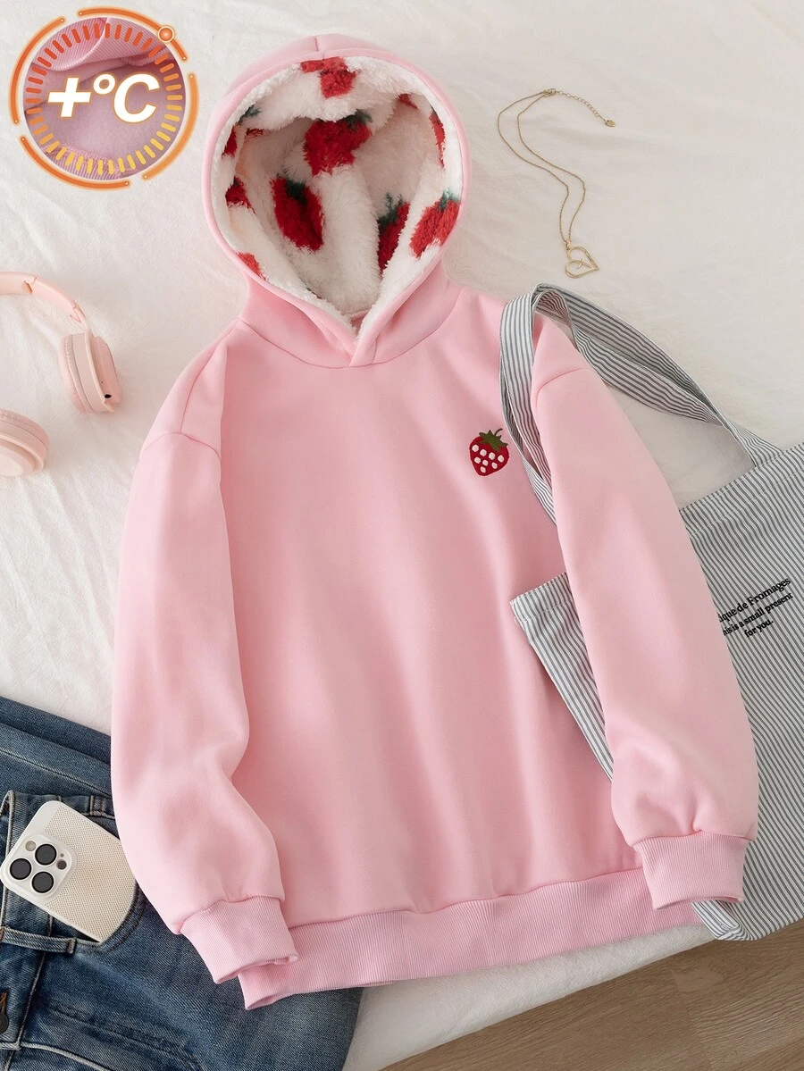 SHEIN (Tween Girl) 休閒街頭風豹紋毛絨帽,五角星豹紋印花,適合街頭穿搭,黑女孩運動衫 - 粉色 - 查看 1