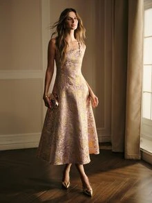 MOTF PREMIUM ELEGANT JACQUARD MID-LENGTH DRESS FOR WOMEN - Purple - View 1