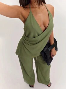 SHEIN BAE 純色掛脖露背上衣搭配寬腿褲時尚性感套裝 - 綠色 - 查看 4