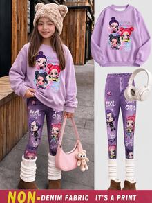 Tween Girls Light Purple Cartoon Print Crew Neck Sweatshirt & Leggings 2 Pieces Set, Thermal Lined Thick Loose Fit, Winter School Wear - Purple - View 1