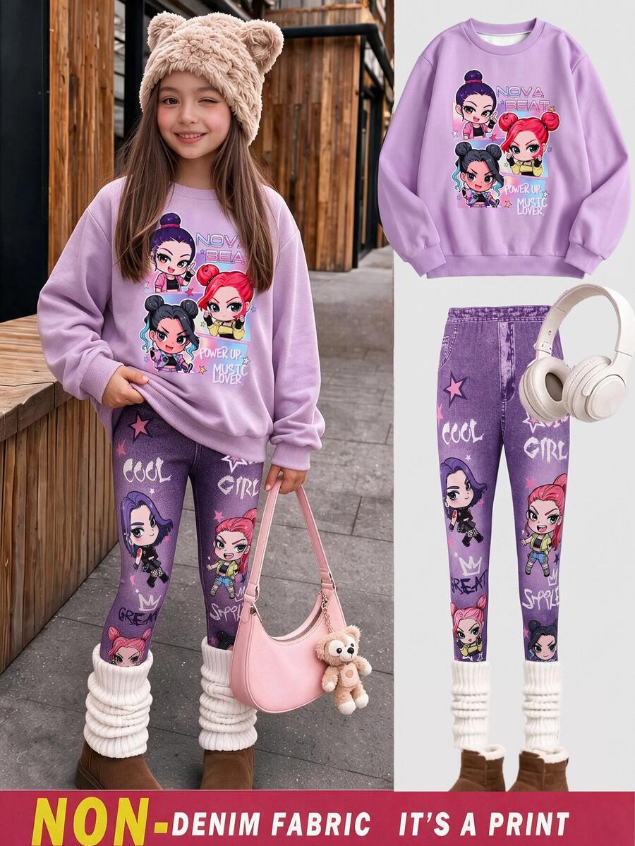 Tween Girls Light Purple Cartoon Print Crew Neck Sweatshirt & Leggings 2 Pieces Set, Thermal Lined Thick Loose Fit, Winter School Wear - Purple - View 1