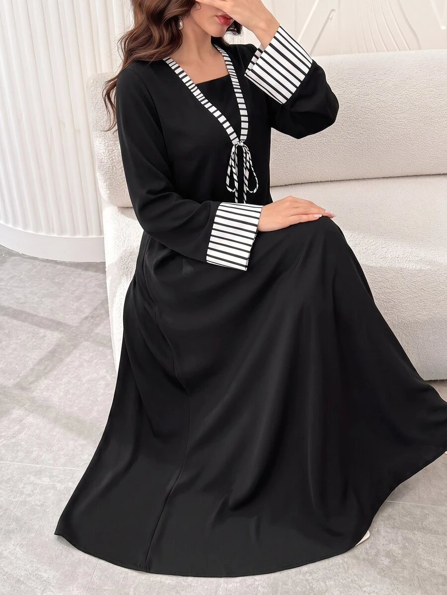 Al Najma Spring/Autumn Casual 2 Pieces Striped Patchwork Tie-Waist Long Sleeve Loose Slimming Elegant Women's Long Robe Dress For Daily Wear - Black - View 1